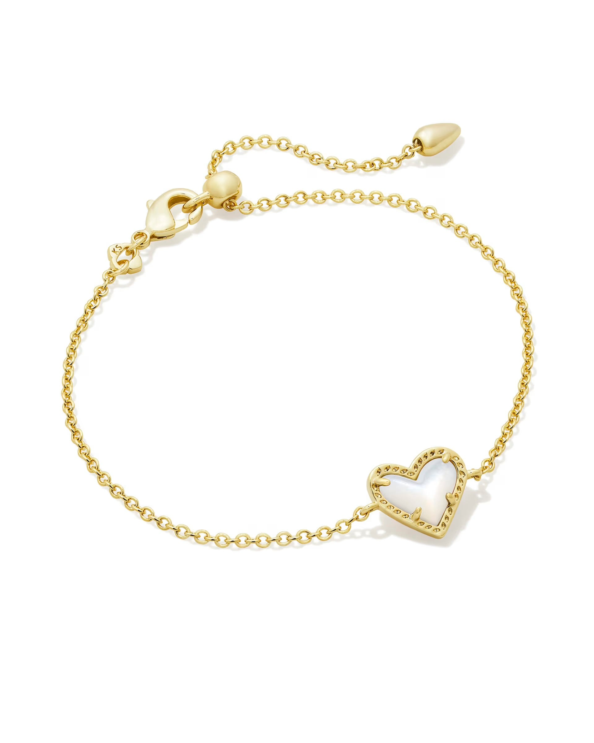 Gold chain bracelet with adjustable clasp and heart-shaped mother-of-pearl pendant. Available in 6.5", 7", and 7.5" sizes.