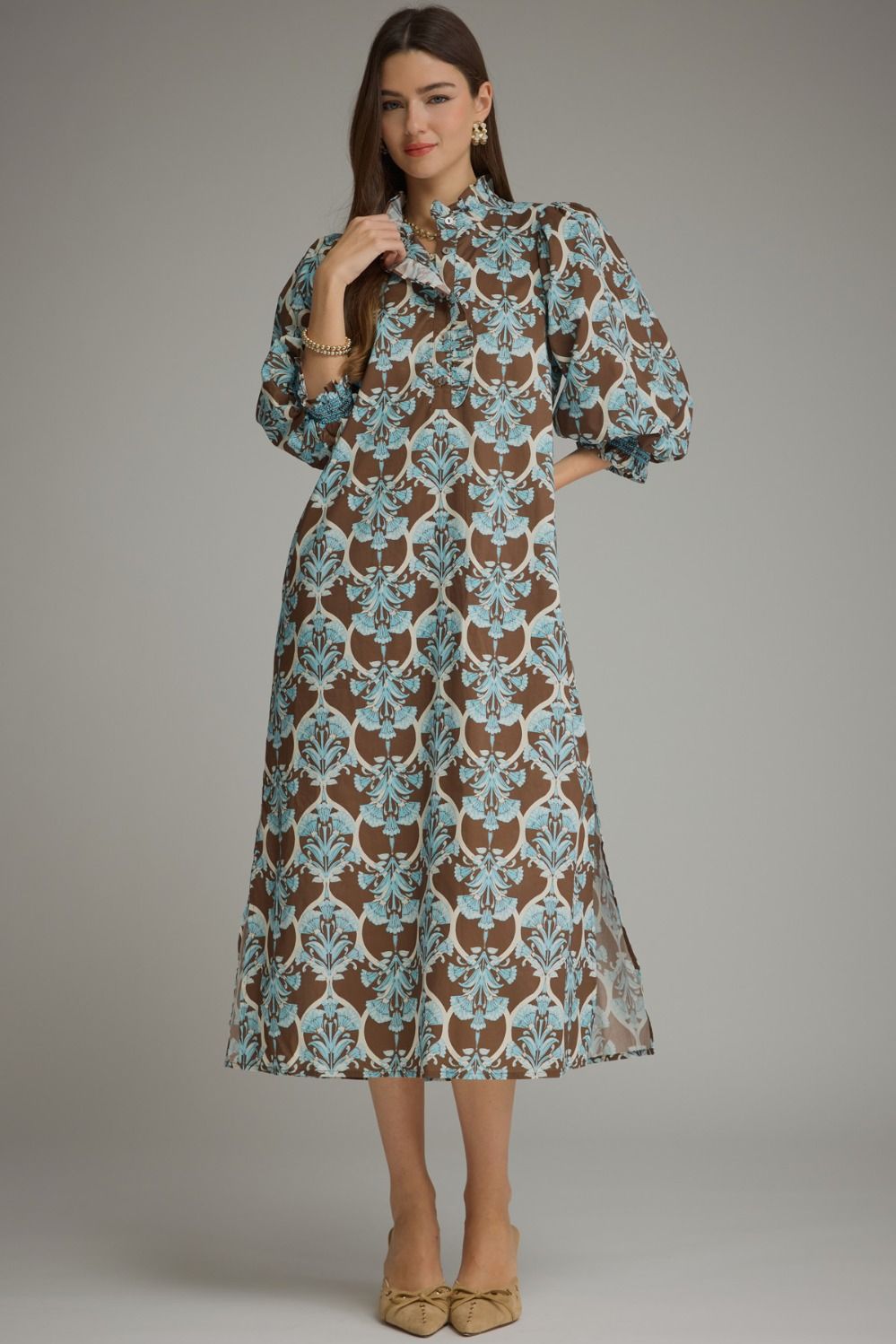 Lena Ruffle Midi Dress in brown and blue floral with ruffle collar and puff sleeves. Available in all sizes.