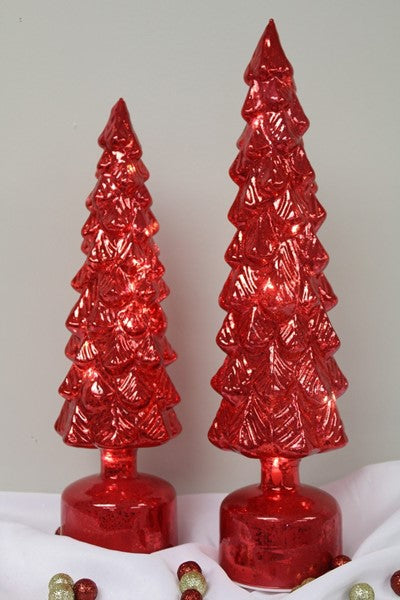 Two red glass tree figurines with LED lights, spinning, and music, in two heights.