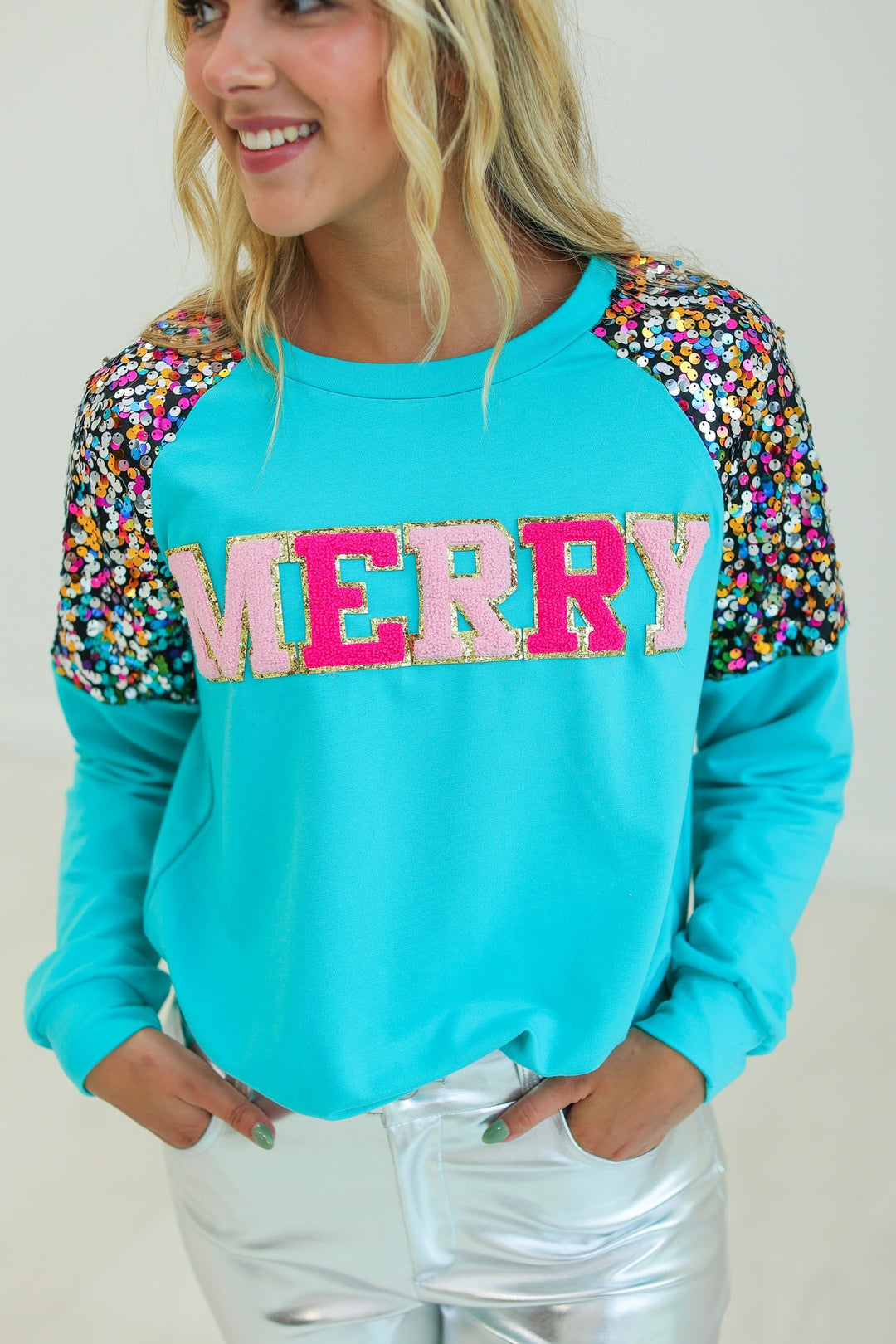 Turquoise Sequin Merry Sweatshirt