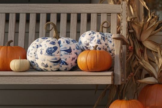 Falling For Blue Toile Fabric Pumpkins, two fabric pumpkins with blue floral patterns. Available in multiple sizes.