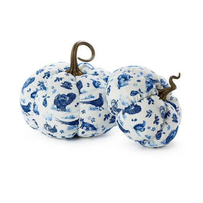 Blue and white patterned fabric pumpkins with realistic brown stems, available in multiple sizes.