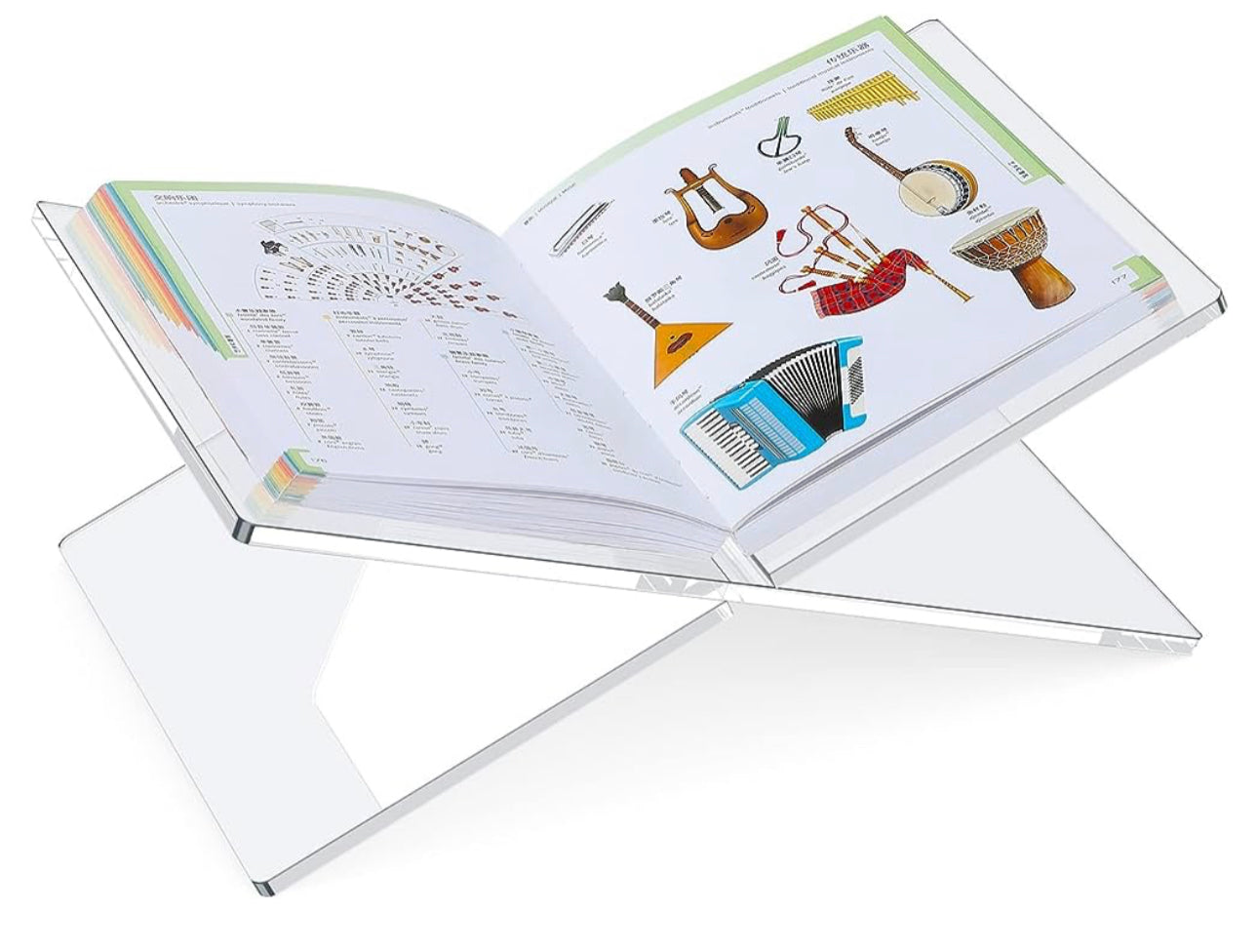 The product is an Acrylic Book Stand, designed to hold and display books. The dimensions of the stand allow for a variety of book sizes, from small to large. The stand is transparent, made from high-quality acrylic material offering sturdy support for diverse book types while maintaining a sleek and modern appearance. Note that only the acrylic stand is included; the book showcased is not part of the product offer.