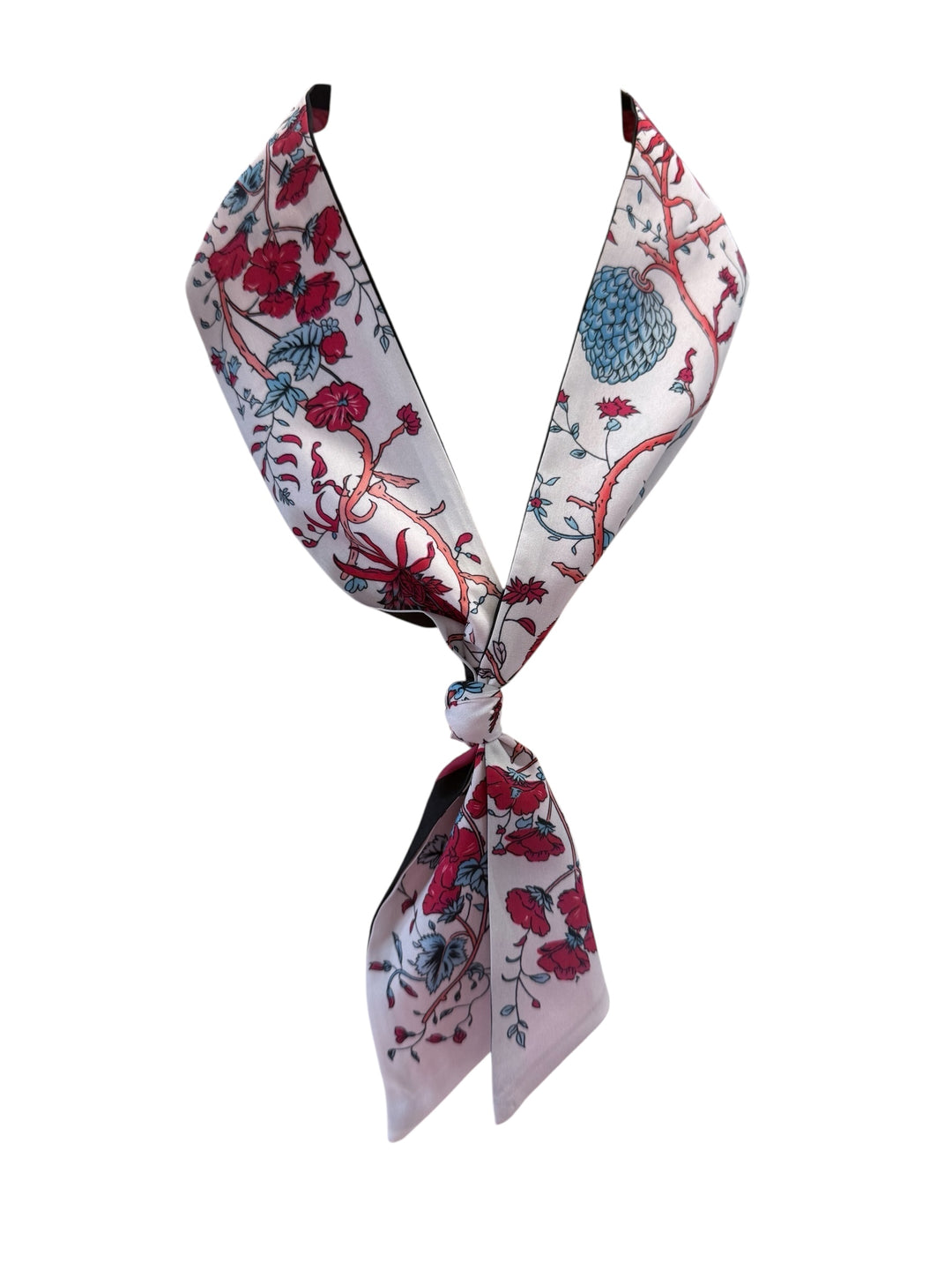 White silk Scarf Necklace with red and blue floral patterns, tied in a loose knot. Available sizes: S, M, L.