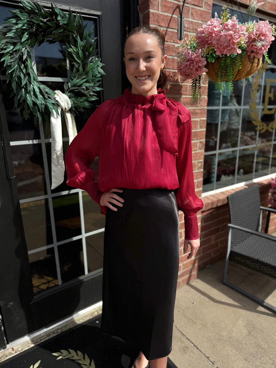 Ruffle Neck Adjustable Tie Long Sleeve Blouse in red, available in sizes XS-XL.