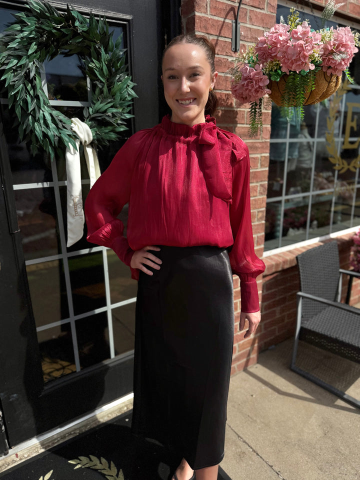 Ruffle Neck Adjustable Tie Long Sleeve Blouse in red, available in sizes XS-XL.