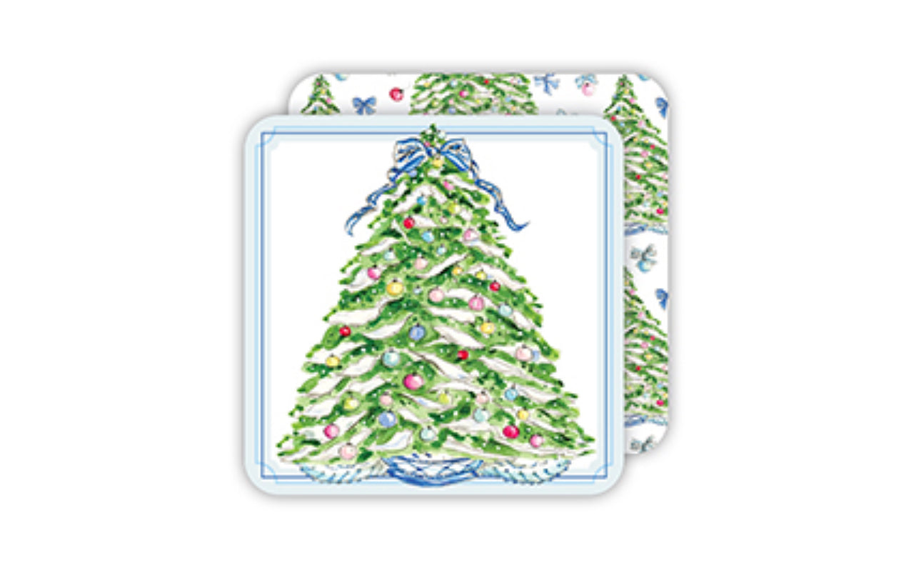 Square paper napkins featuring a decorated Christmas tree with ornaments, garlands, and a blue bow. Available sizes: Standard square.