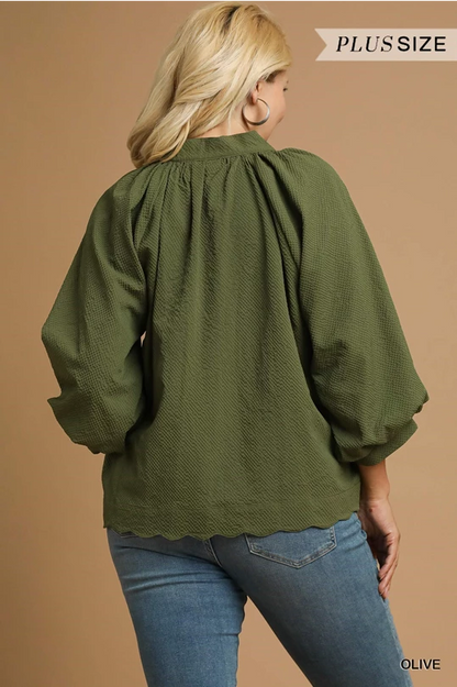 PLUS SIZE olive green textured blouse with scalloped hem, puffy sleeves. Available in sizes 1X-4X.