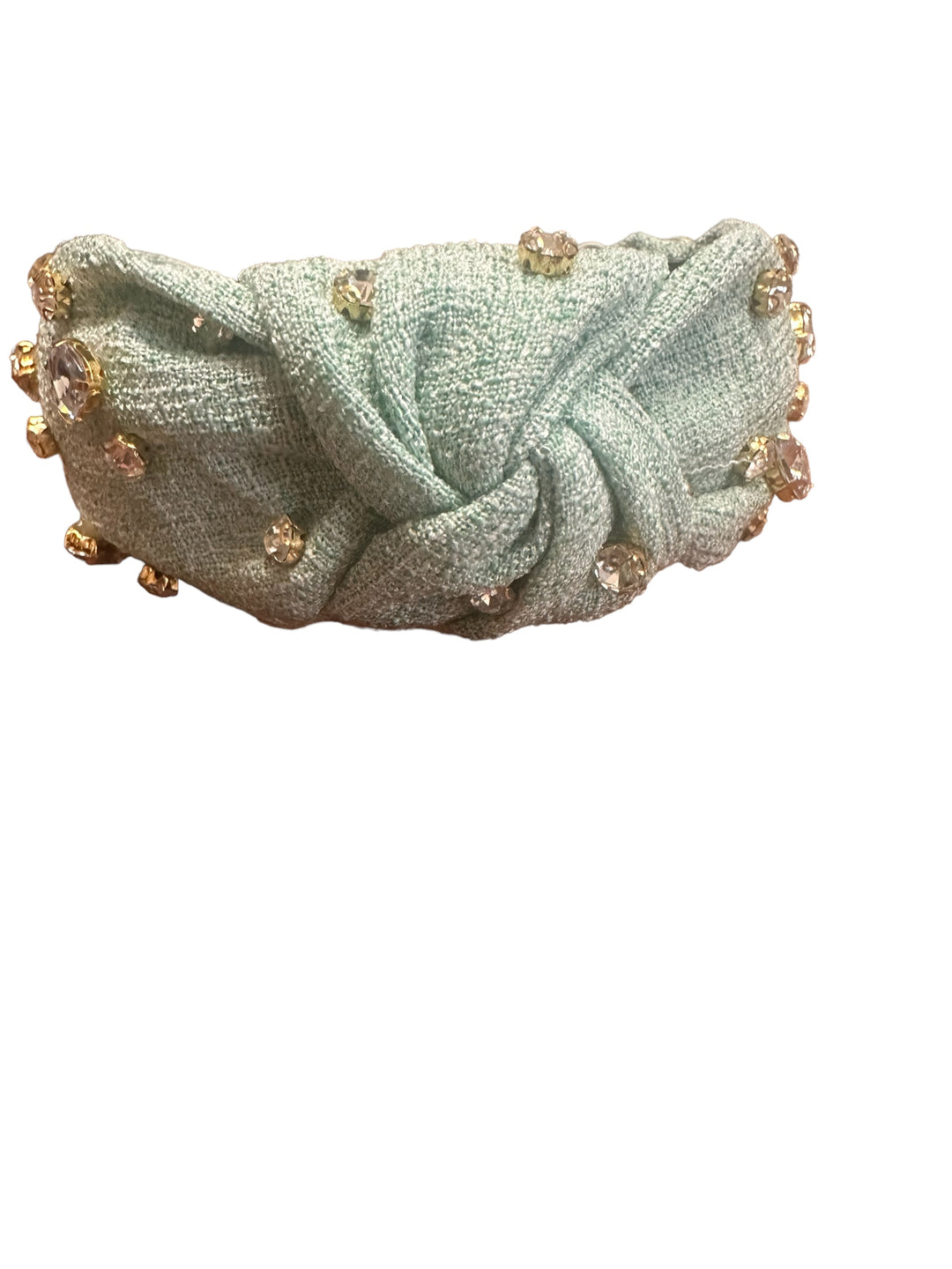 Light green textured headband with central knot, gold and clear jewels. Available in sizes S, M, L.