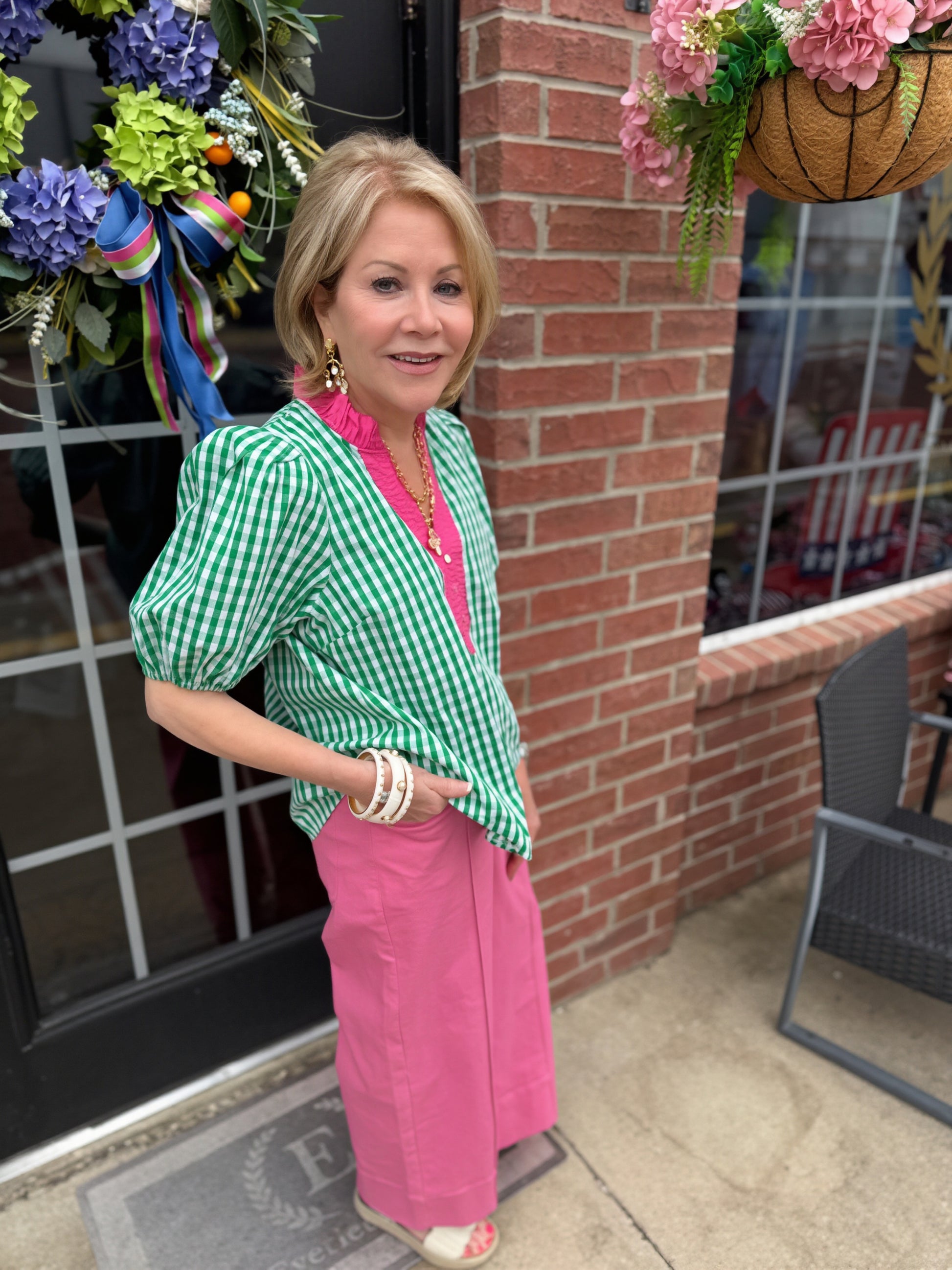 Watermelon Patch Gingham Puff Sleeve Top in green-and-white stripes. Available in sizes XS-XL.