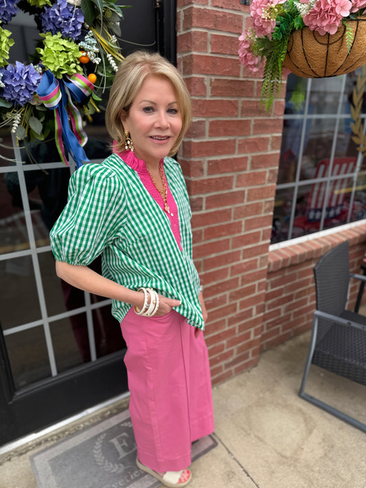 Watermelon Patch Gingham Puff Sleeve Top in green-and-white stripes. Available in sizes XS-XL.