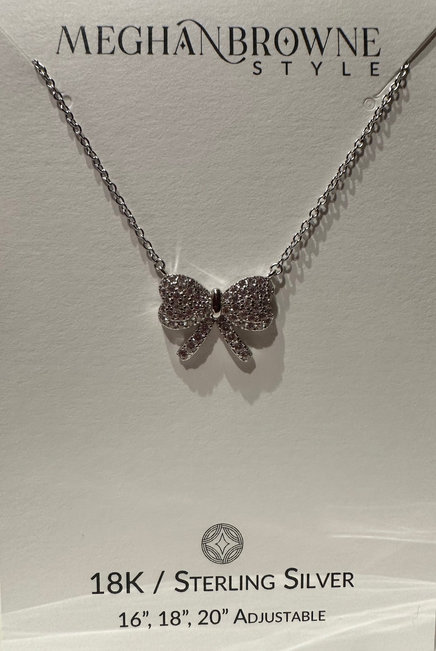 Bow 18k sterling silver necklace with sparkling bow pendant, adjustable chain in 16, 18, or 20 inches.