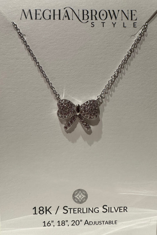 Bow 18k sterling silver necklace with sparkling bow pendant, adjustable chain in 16, 18, or 20 inches.