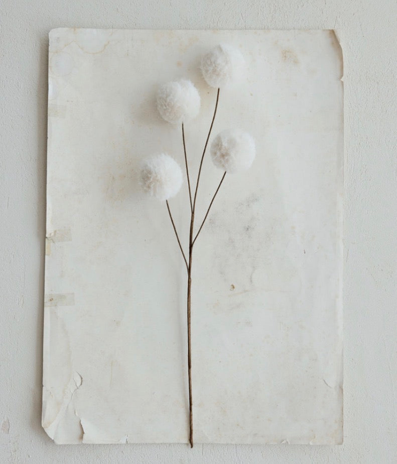 Faux Snowball Pick with four white spherical blossoms.