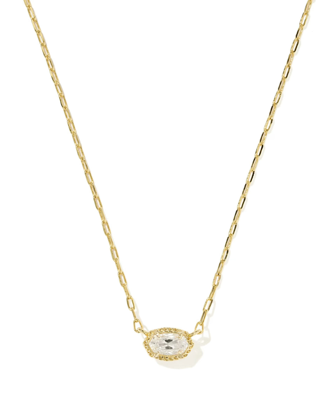 Mini Ellie Luxe Pendant Necklace with a gold-tone chain and small, horizontal, faceted oval pendant.