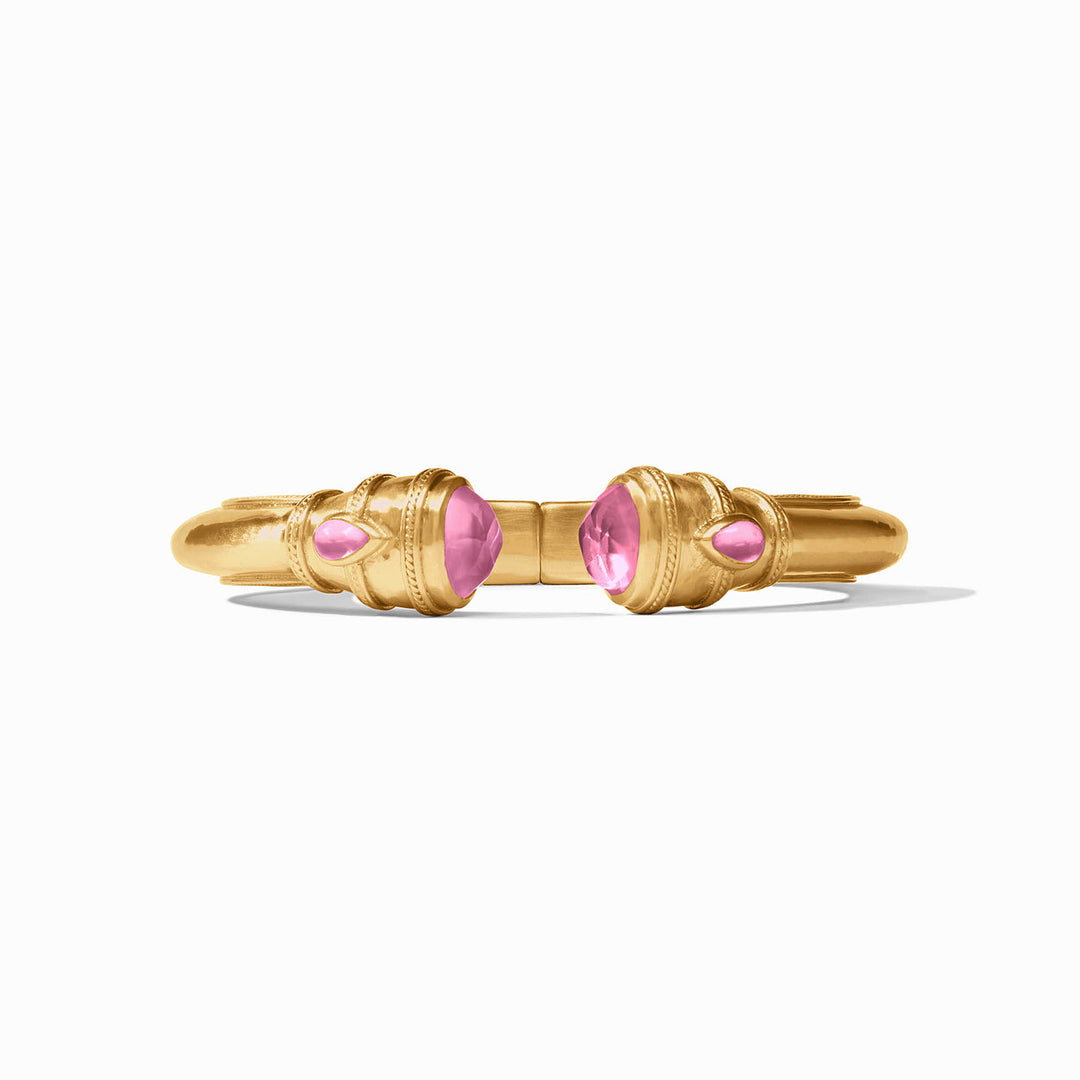 Gold Cannes Demi Cuff bracelet with large and teardrop-shaped pink stones. Available in various sizes.