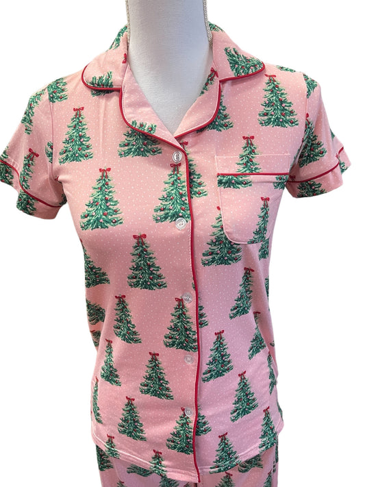 Noelle Tree Short Sleeve Button Up Sleep Shirt