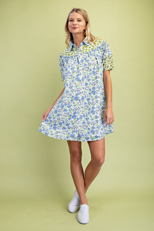 Miss Peony Floral Dress with green-accented collar and sleeves. Available in sizes XS-XL.