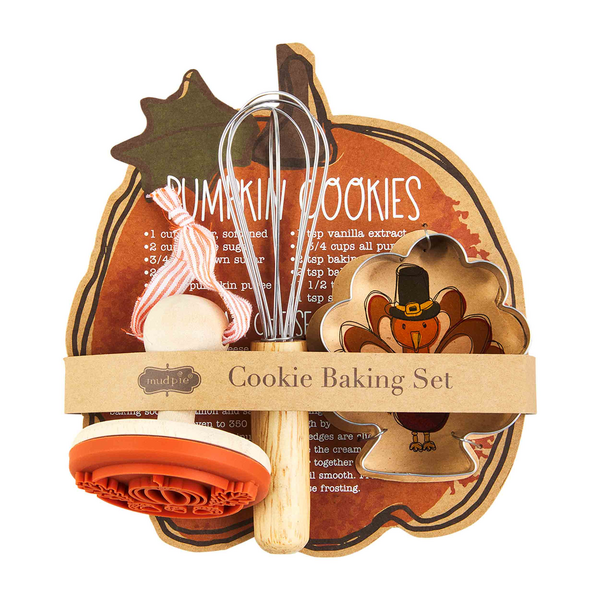 Fall Cookie Baking Set includes a pumpkin-themed whisk, wooden stamp, turkey-shaped cookie cutter, and recipe card; available in one size.