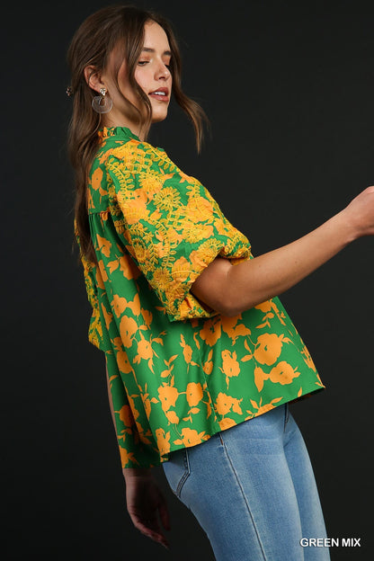 Green Mix Top: Vibrant green and yellow floral patterns, split neck, short embroidered puff sleeves. Sizes available: XS, S, M, L, XL.
