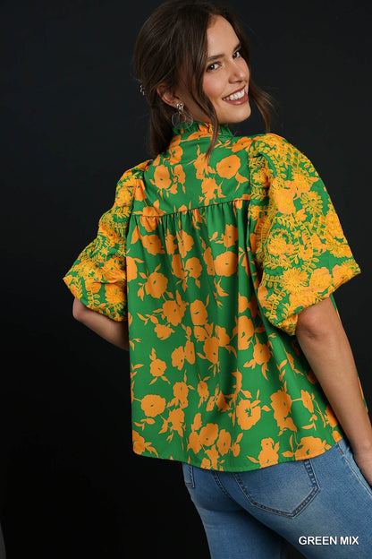 Green Mix Top with Embroidery Sleeves: Green and yellow floral design, puff sleeves. Sizes available: S, M, L, XL.