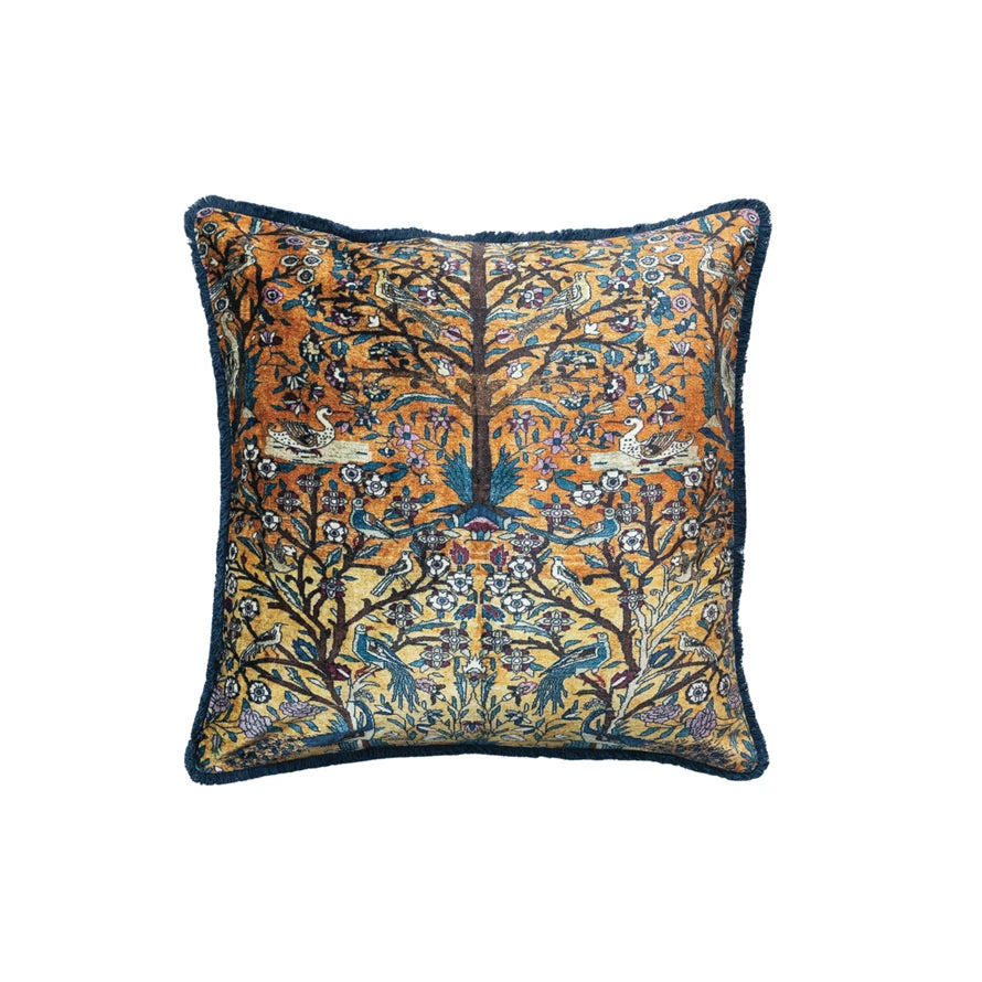 20" square cotton blend velvet pillow with dark blue border, tree and bird tapestry, floral motifs in orange, yellow, blue, green.