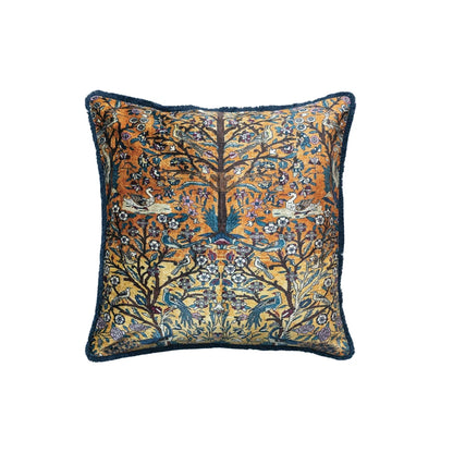 20" square cotton blend velvet pillow with dark blue border, tree and bird tapestry, floral motifs in orange, yellow, blue, green.