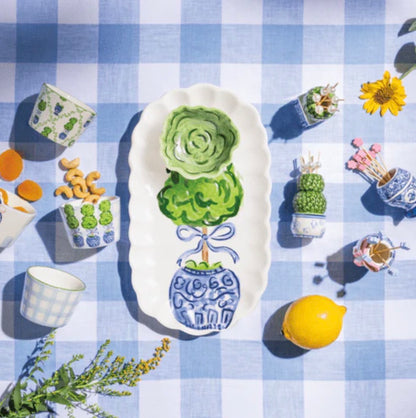 The Topiary Tray Tidbit Set is a hand-painted ceramic server with green topiaries. Available in small and large sizes.