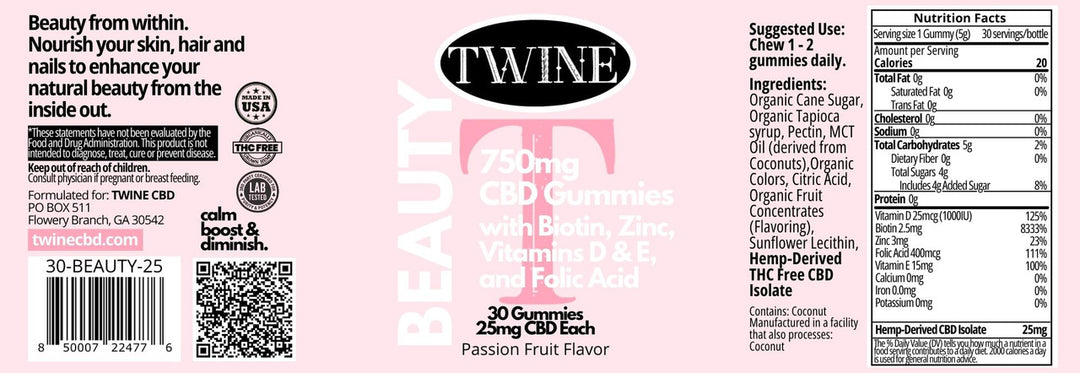 Pink Beauty Gummies label, Passion Fruit, 750mg CBD, biotin, zinc; details dosage and nutrition. Available in 30-count size.