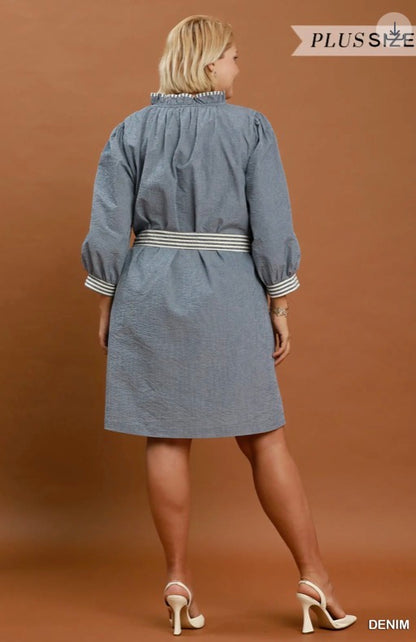 Denim Textured Contrast Trim Tie Waist Mini Dress with white striped waistband and cuffs. Available in sizes XS-XL.