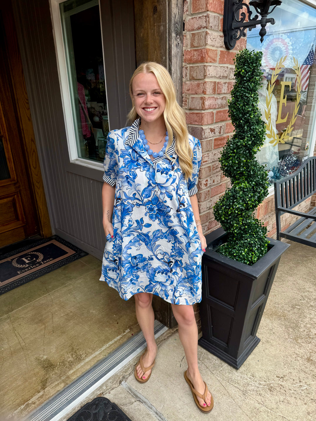 Royal Blue Floral Dress with stripe contrast sleeves, available in sizes S-XL.