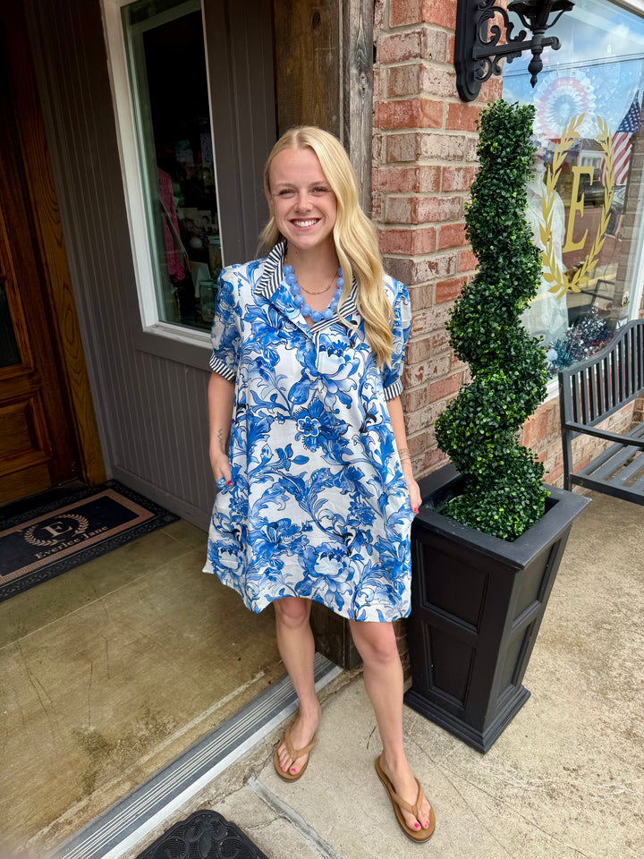 Royal Blue Floral Dress with stripe contrast sleeves, available in sizes S-XL.