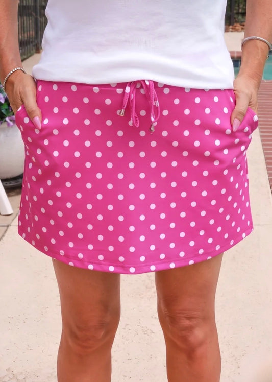 Pink Polka Dot Skort, available in sizes XS–XL.