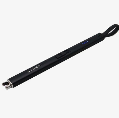 Slim, black rechargeable Electric Candle Lighter with wrist strap, LED indicator lights, and “CANDYL” branding on the side. Available in standard size.