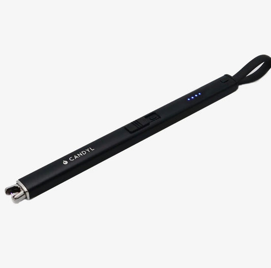 Slim, black rechargeable Electric Candle Lighter with wrist strap, LED indicator lights, and “CANDYL” branding on the side. Available in standard size.