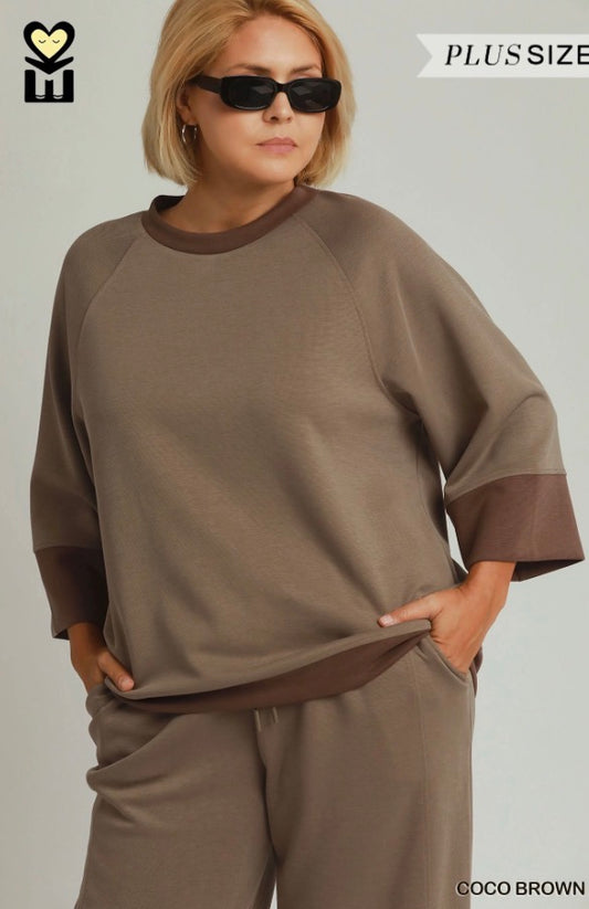 Coco Brown Color Block Straight Pants featuring a color-block design, available in plus sizes.