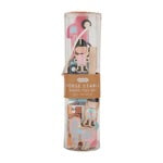 Clear cylinder holds Wood Horse Toy Set with dolls, accessories, wood horses. Available in small, medium, and large sizes.