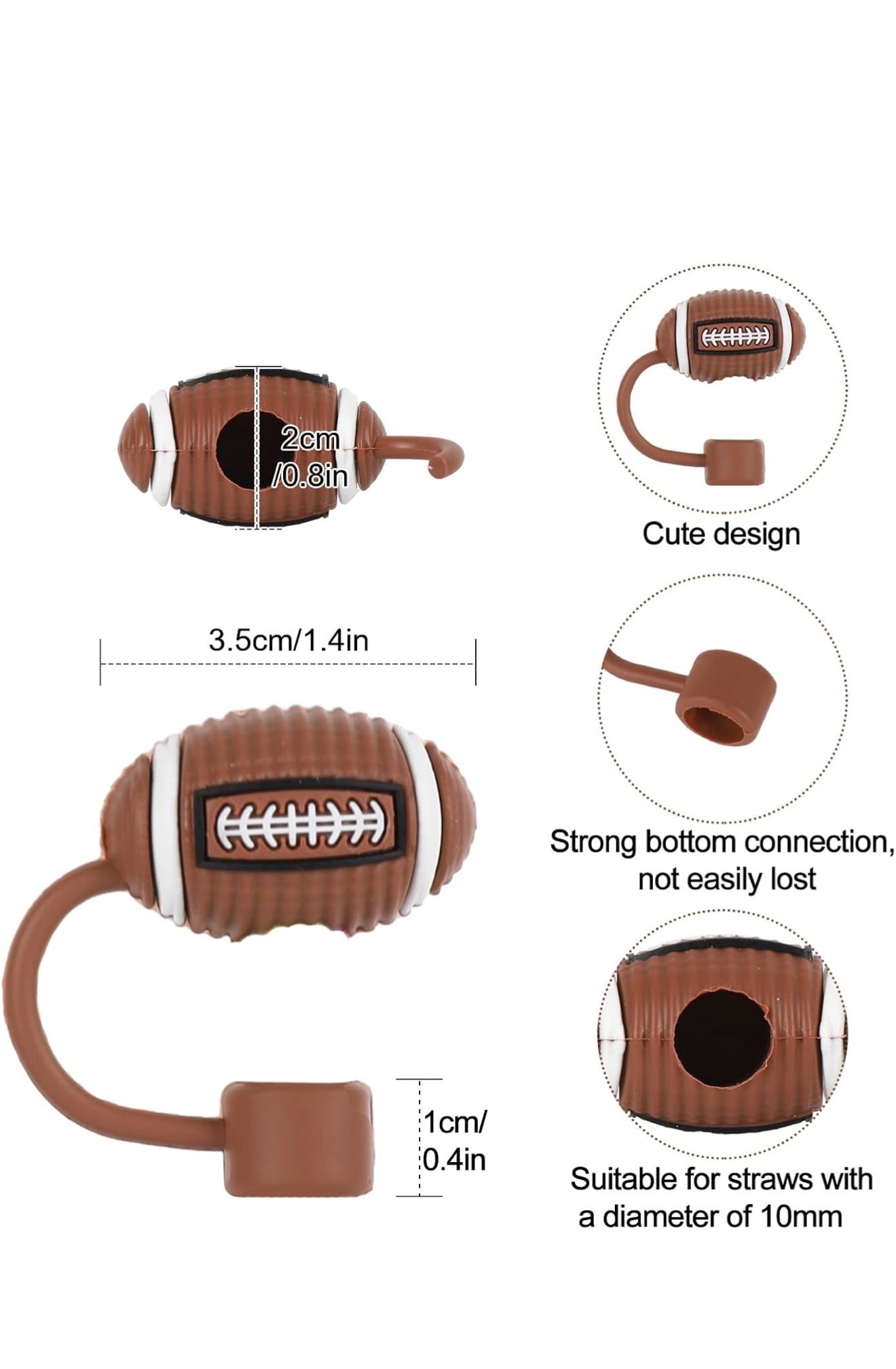 Brown, football-shaped silicone straw covers designed for 10mm straws, suitable for 30 oz tumblers. Features include a strong bottom connection, durable construction, and clearly labeled size measurements.