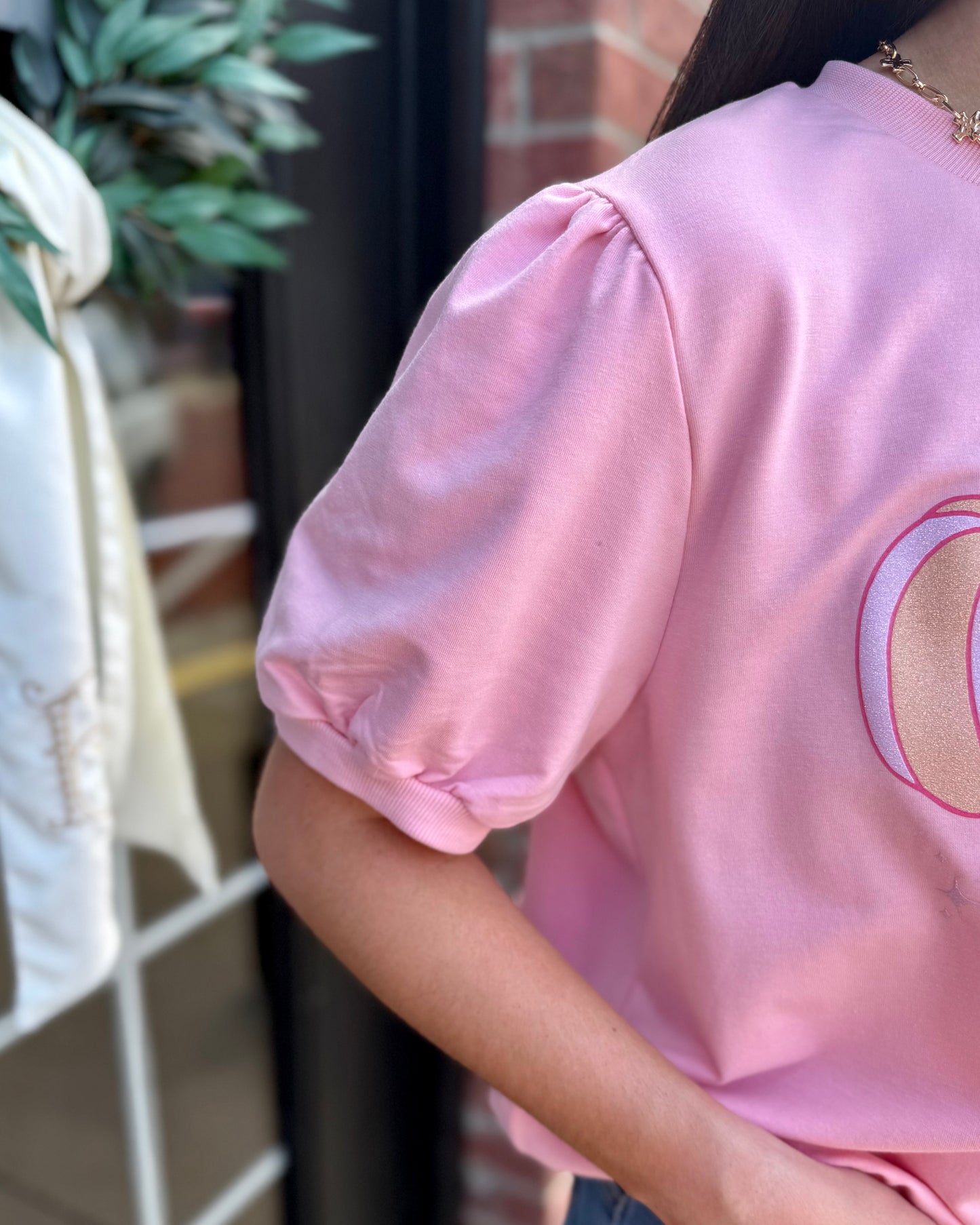 Pink Pumpkin Short Sleeve Sweatshirt with puffed sleeves. Available in sizes XS-XL.