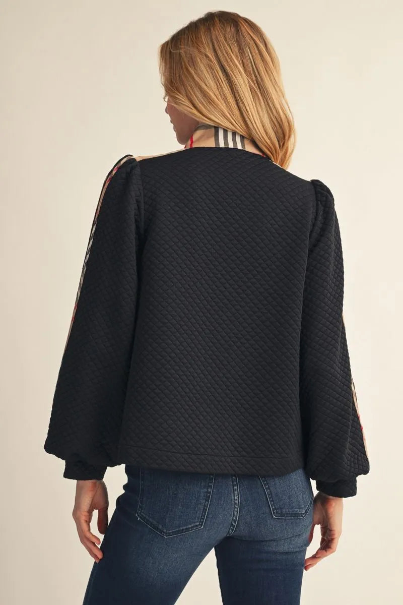 Black Long Sleeved Plaid Zip Up Top, available in sizes S-XL.