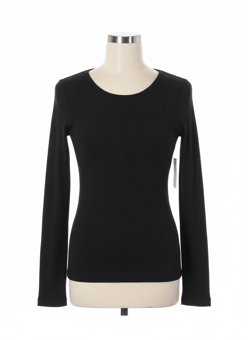 Black ribbed long sleeve top with round neckline. Available in sizes XS–XL.