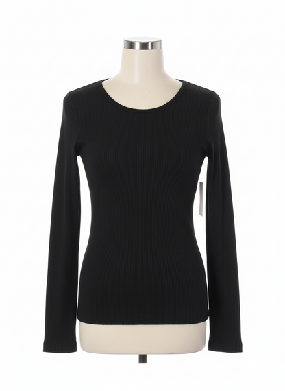 Black ribbed long sleeve top with round neckline. Available in sizes XS–XL.