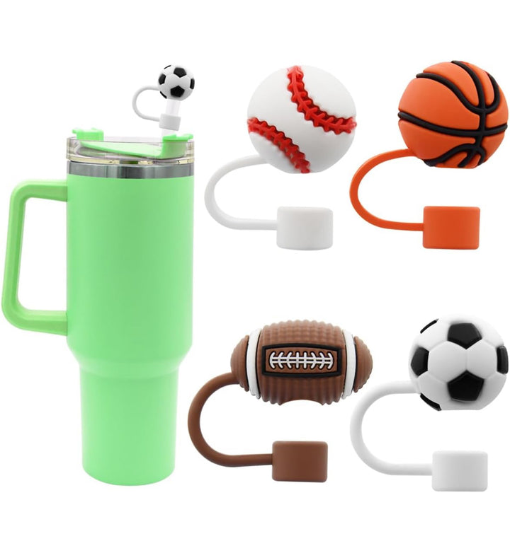 Set of 4 sports ball-shaped straw covers with leak-proof caps on cords; sizes not specified.