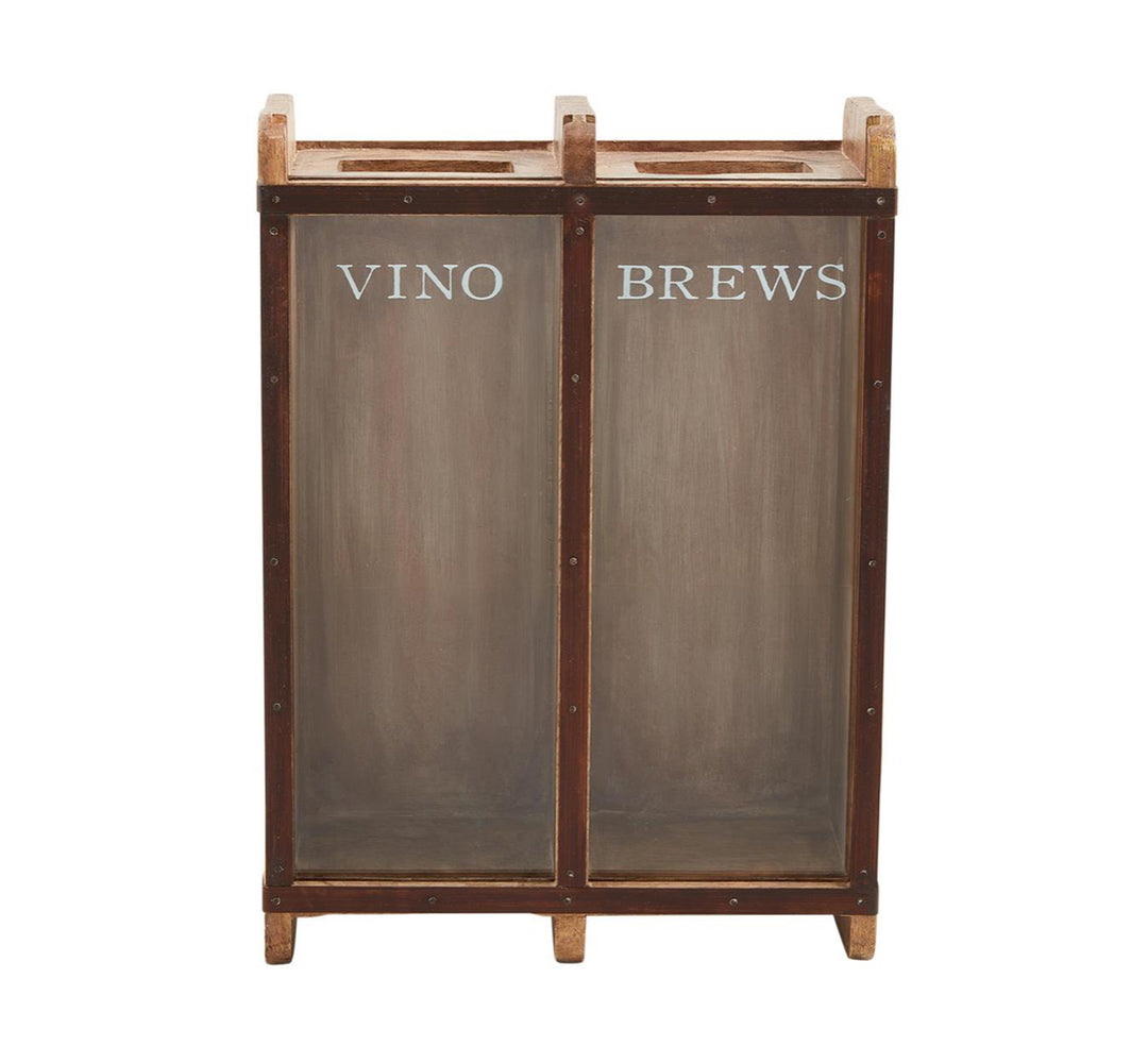 Dual-compartment mango wood recycling bin, labeled "VINO" and "BREWS," open top, rustic brown, 12.5" x 9".
