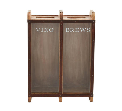 Dual-compartment mango wood recycling bin, labeled "VINO" and "BREWS," open top, rustic brown, 12.5" x 9".