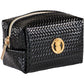 Small black essentials bag with woven texture, gold zipper, and pineapple emblem. Sizes available: small.
