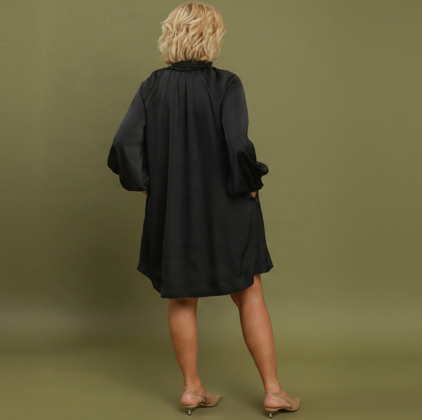 Loose-fitting black Satin Tie Neck Dress with balloon sleeves, available in plus sizes.