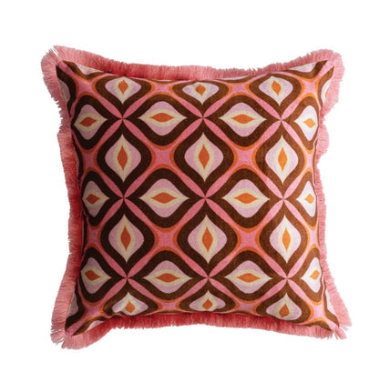 Velvet Ogee Fringe Pillow: square velvet accent pillow with pink fringe and a brown, pink, and orange retro ogee pattern. Available sizes: 18″x18″, 22″x22″.