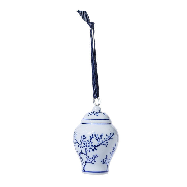 Blue and white Ginger Jar Ornament/ Place Card Holder with hanging ribbon.
