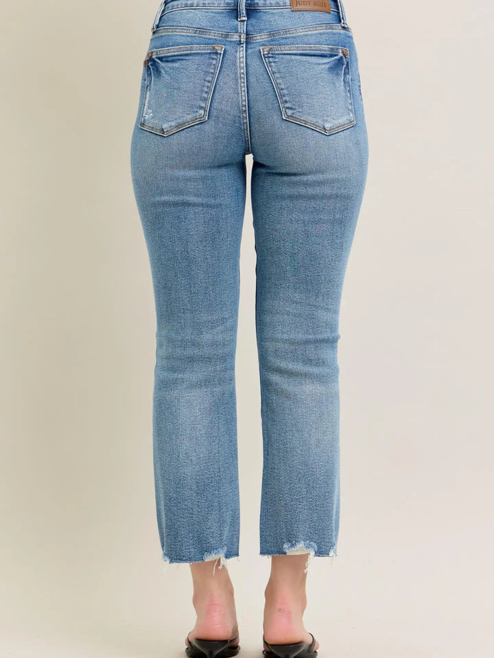 Judy Blue MR Kick Flare Destroy Hem Vintage Wash Jeans, high waist, raw hems. Sizes: 24-32.
